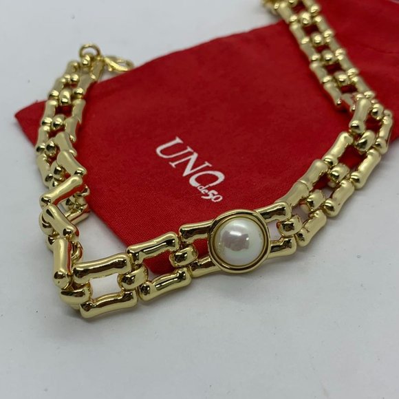 UNO de 50 Necklace Linda NECKLACE squared links and a central white pearl Gold - Picture 2 of 6